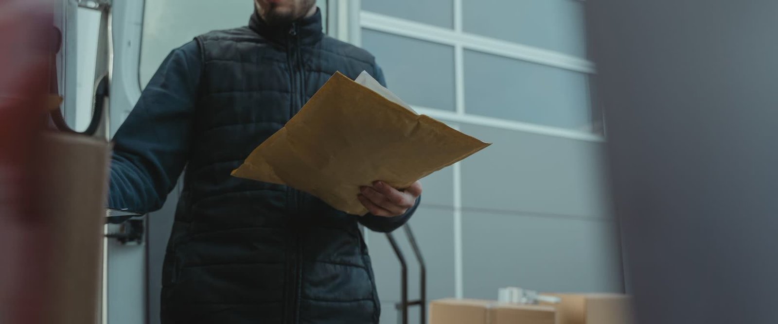 A forwarded parcel being handed over at the recipient door
